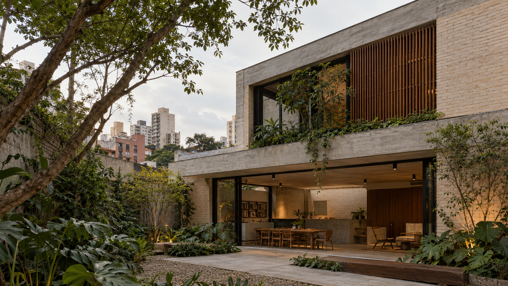 Residência de concreto, tijolo claro e madeira ao redor de um pátio