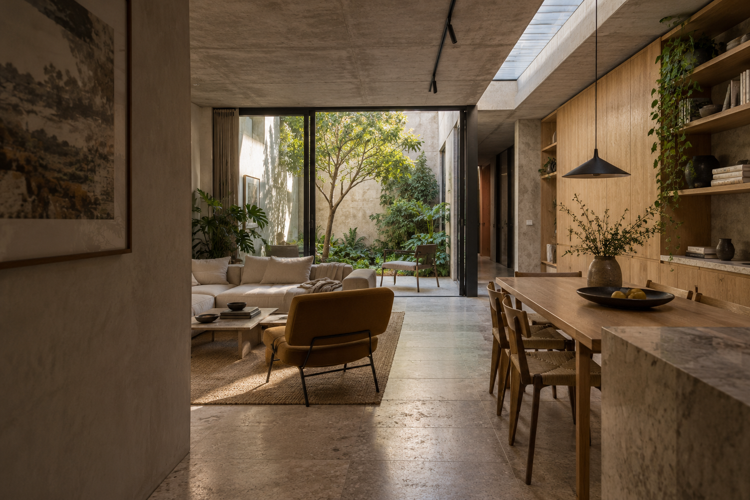 Interior com concreto, madeira e abertura para um jardim interno