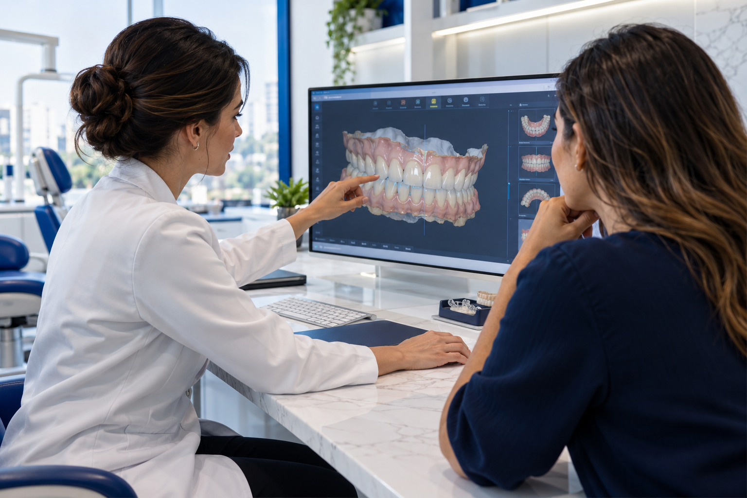 Dentista e paciente analisando planejamento odontológico digital